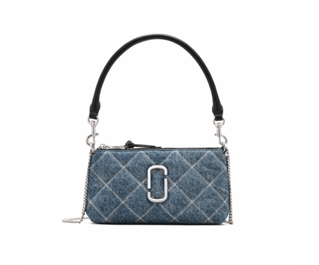 迷你牛仔衍縫鏈條斜挎包 (Light Wash Indigo)